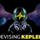 illustrazione Devising Kepler con scritta, uomo con casco spaziale, onda sonora sfondo stelle